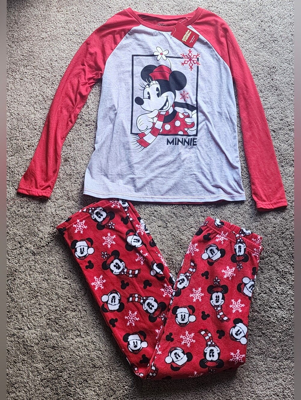 New Disney Womens XS/S Minnie Mouse Christmas Holiday Pajama PJ Set, 2 Pc.
